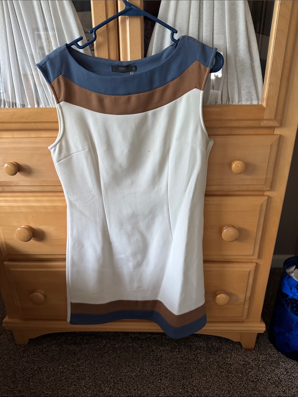 THML White Sleeveless Midi Dress with Blue and Brown Trim